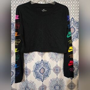 Nike Black Long Sleeve Crop Top with Multicolor Logos